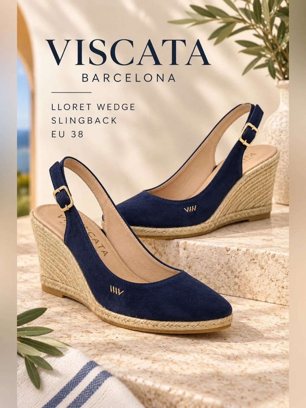 VISCATA Barcelona Lloret Navy Suede Espadrille Wedge Slingback Shoes Size 38